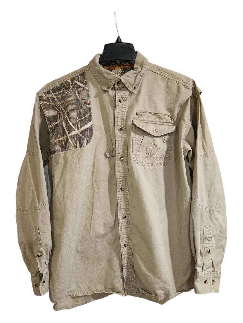 Whitewater Ducks Unlimited Shooting Shirt Mens Sz L Camo Rifle Shoulder Pad Vtg